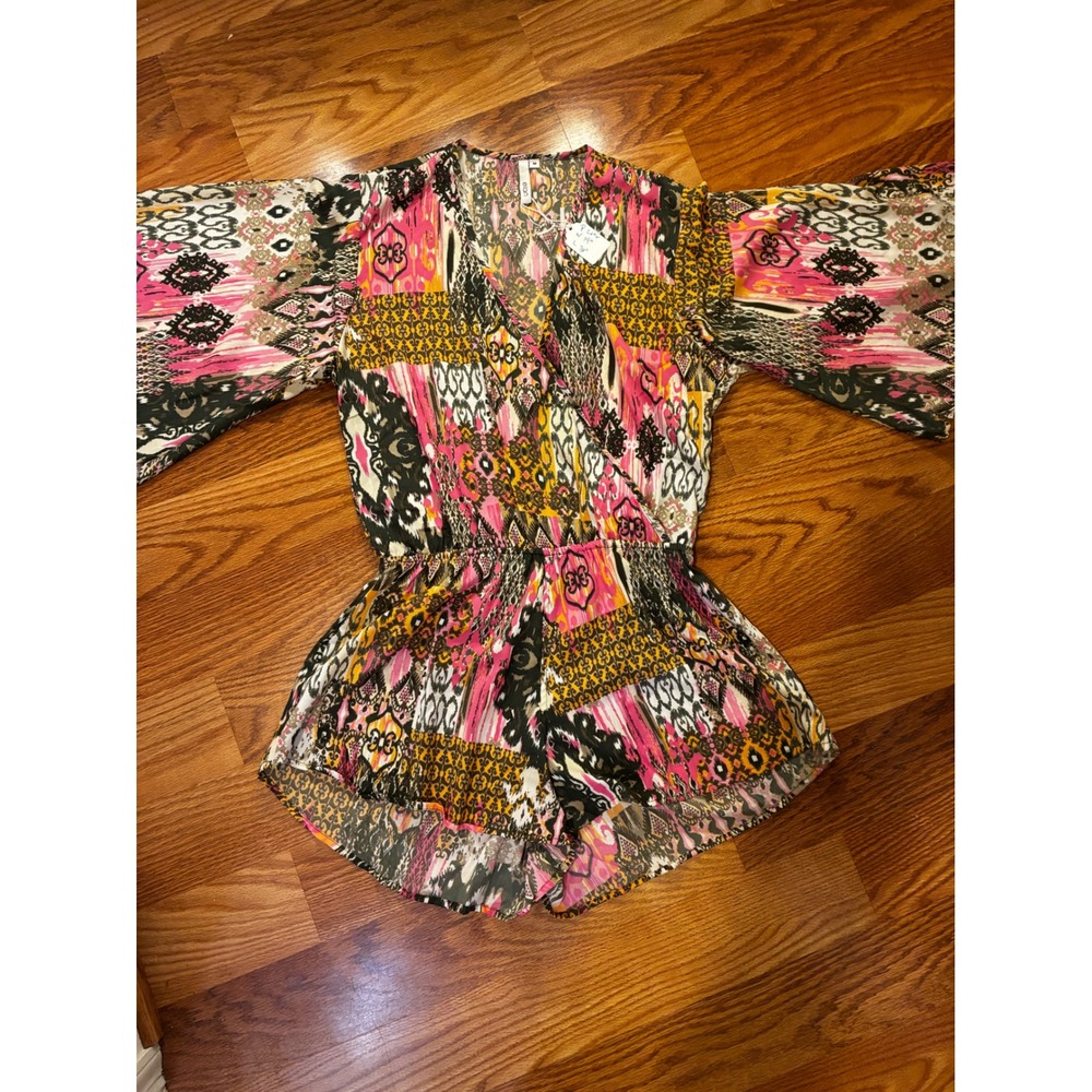 Elan Boho Patchwork Romper Festival Bell Sleeve Surplice V-Neck M Pink Multi